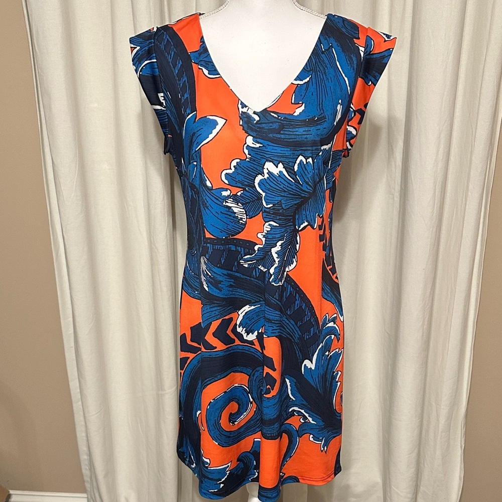 Aryeh Blue & Orange V-Neck Floral Mini Dress